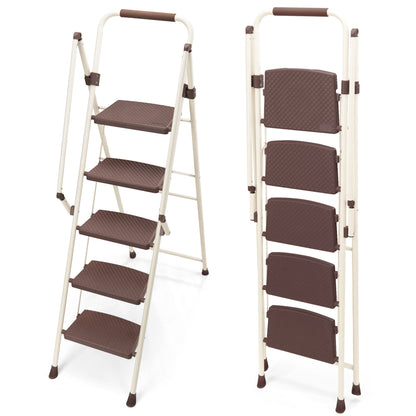5Step Ladder, Folding Step Stool with Wide Anti-Slip Pedal, Sturdy Steel Ladder, Convenient Handrail, Lightweight, Portable Steel Step Stool