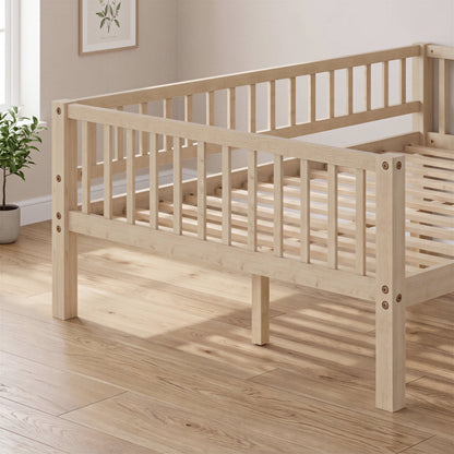 Full Size Daybed, 3-Sided Vertical Slat Guardrail Bed Frame, Breathable Wooden Slat Support Leisure Bed for Home Bedroom,Natural