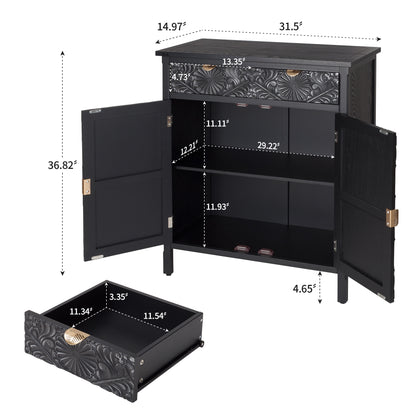 Hand-Carved Accent Cabinet, Black Wooden Storage Cabinet with Drawer & Doors, Floral Embossed Sideboard with Gold Handles for Entryway, Living Room, 14.97"x31.5"x36.82"