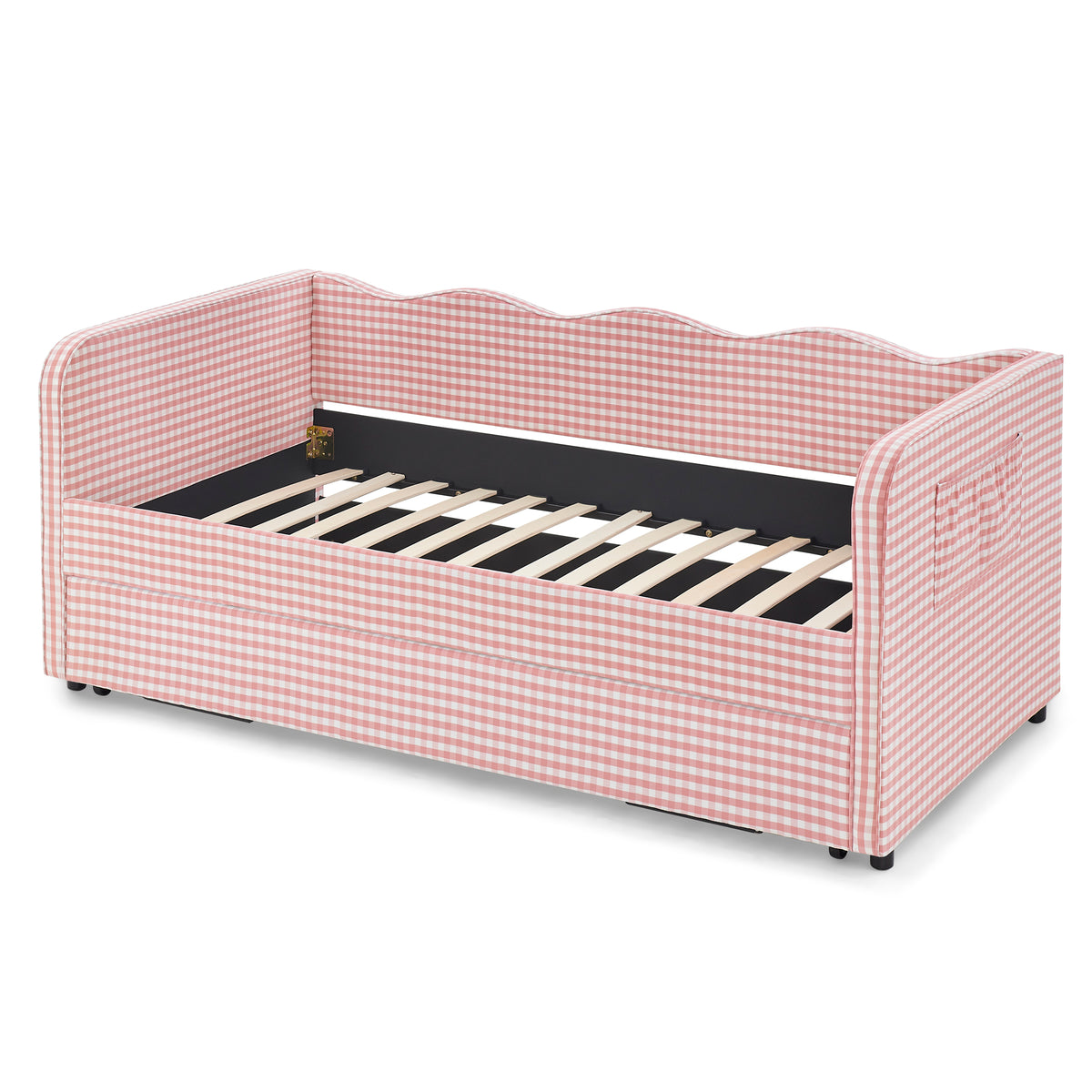 Twin‑Size Daybed, Gingham Upholstered 3‑in‑1 Versatile Convertible Sofa Bed with Pull‑Out Trundle & Side Storage Pockets, Ideal for Multiple Room Layouts and Small‑Space Living-Pink