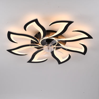 Black Flower Modern Ceiling Fan with LED Dimmable Light, 32inch Flush Mount Ceiling Fan with Remote Control for Bedroom, High-Efficiency DC Motor, 6-Speeds, Timing Function