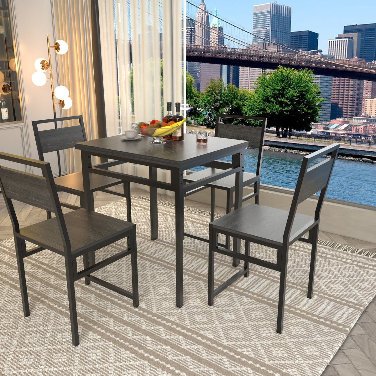 Extendable Dining Table Set with 4 Chairs, Industrial Rectangular Expandable Kitchen Table, Wood Grain Metal Frame Space Saving Dinner Furniture for Small Family Apartment