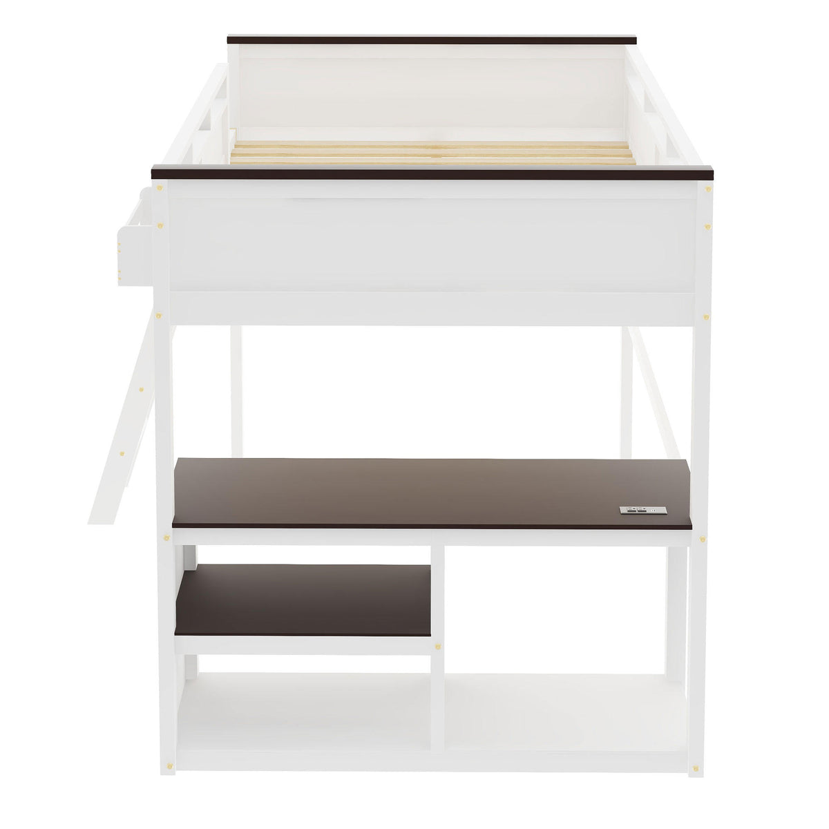 White Queen Size Loft Bed with Desk, Open Shelf, Storage Box and USB Charging Station, Pine+MDF