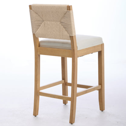 Hand‑Woven Rattan Counter Height Bar Stools Set of 2, 27 Inch Seat Height, Linen Upholstered Barstools with S‑Spring & High‑Density Sponge Cushion, Solid Wood Frame for Kitchen Island,SW1872MT