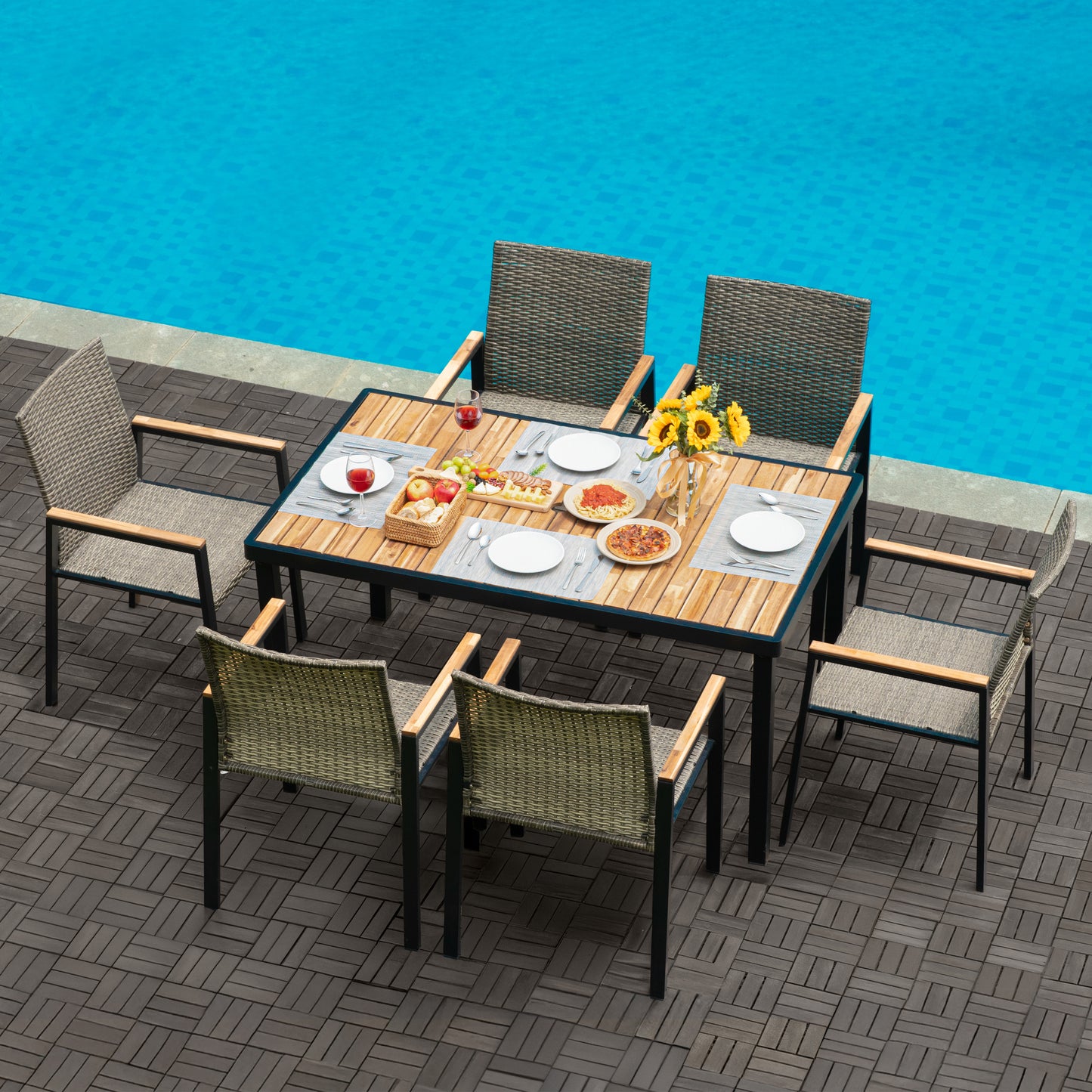 All Weather 7-Piece Patio Dining Table Sets, Patio Conversation Set Acacia Wood Table Top with Umbrella Hole, Rattan Outdoor, Brown Gray Color