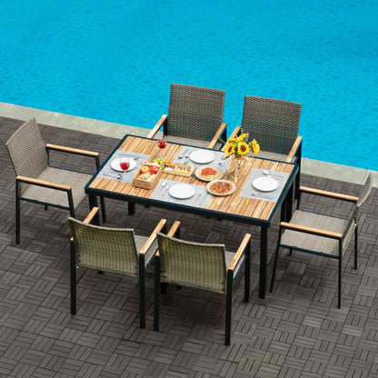 All Weather 7-Piece Patio Dining Table Sets, Patio Conversation Set Acacia Wood Table Top with Umbrella Hole, Rattan Outdoor, Brown Gray Color