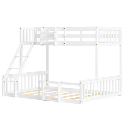 Twin Over Full Floor Bunk Bed with Ladder and Bookshelf, Space-Saving, Noise-Free, No Box Spring Needed,White