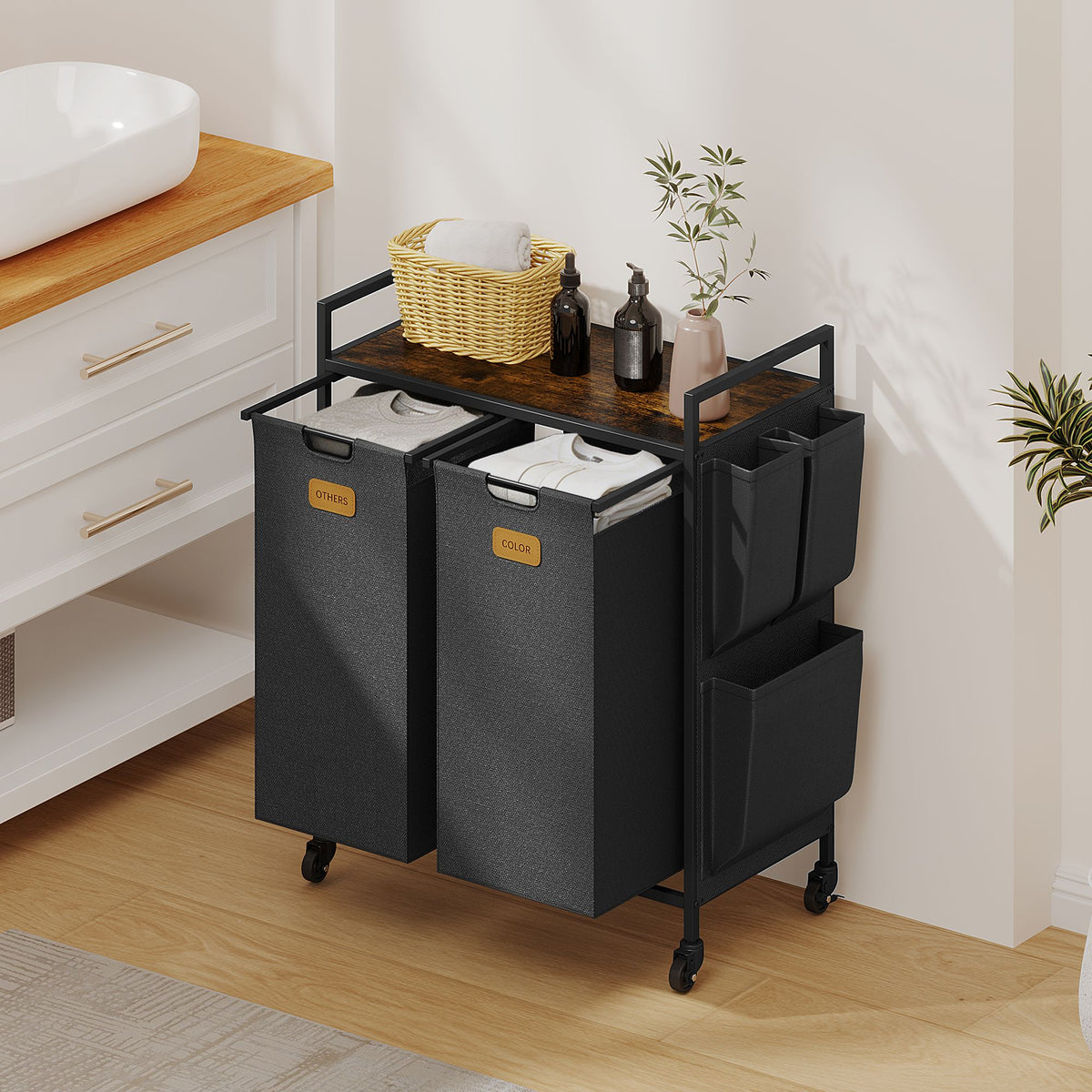 2 Section Laundry Hamper, Laundry Sorter with Wheels, Laundry Basket Organizer with Shelf & 2 Pull-Out Removable Bags, Dirty Clothes Hamper Organizer for Laundry Room Bathroom Dorm ,26.4 gallons(100L)
