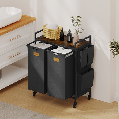 2 Section Laundry Hamper, Laundry Sorter with Wheels, Laundry Basket Organizer with Shelf & 2 Pull-Out Removable Bags, Dirty Clothes Hamper Organizer for Laundry Room Bathroom Dorm ,26.4 gallons(100L)