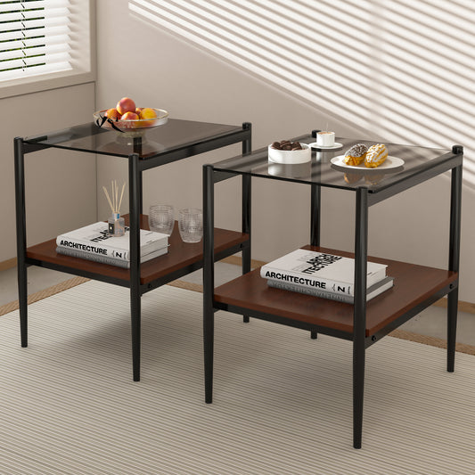 Set of 2 Rectangle End Table, Tempered Glass Tabletop with MDF layer, Modern Table for Living Room , Gray Glass – Model W241P184249