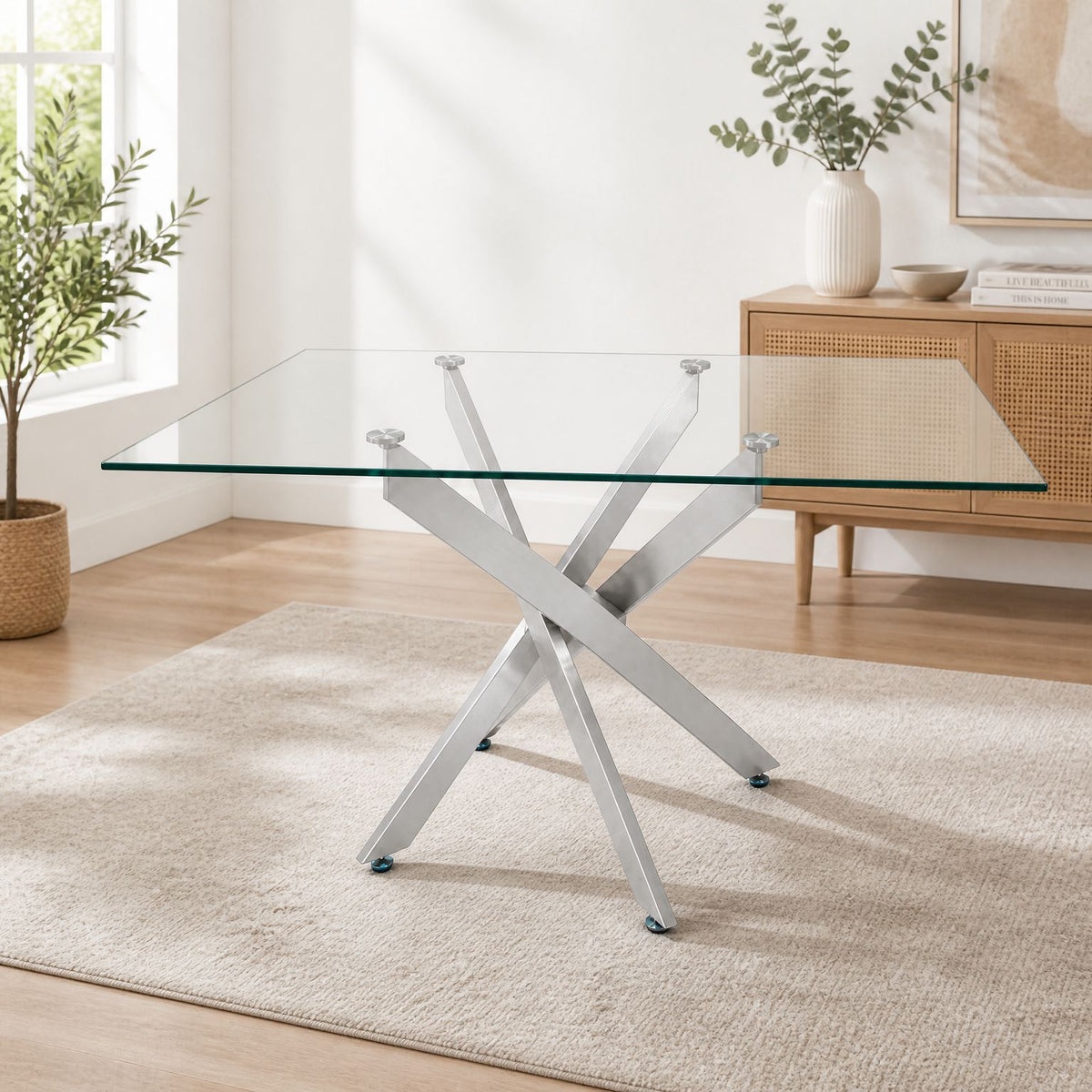 Modern Rectangular Glass Table, 47.24 Inches Of Tempered Glass With A Silver Frame.Kitchen Table Set for Dining Room, Party Table,Conference table,Living Room,Office,Cafe,Home Kitchen,Bedroom