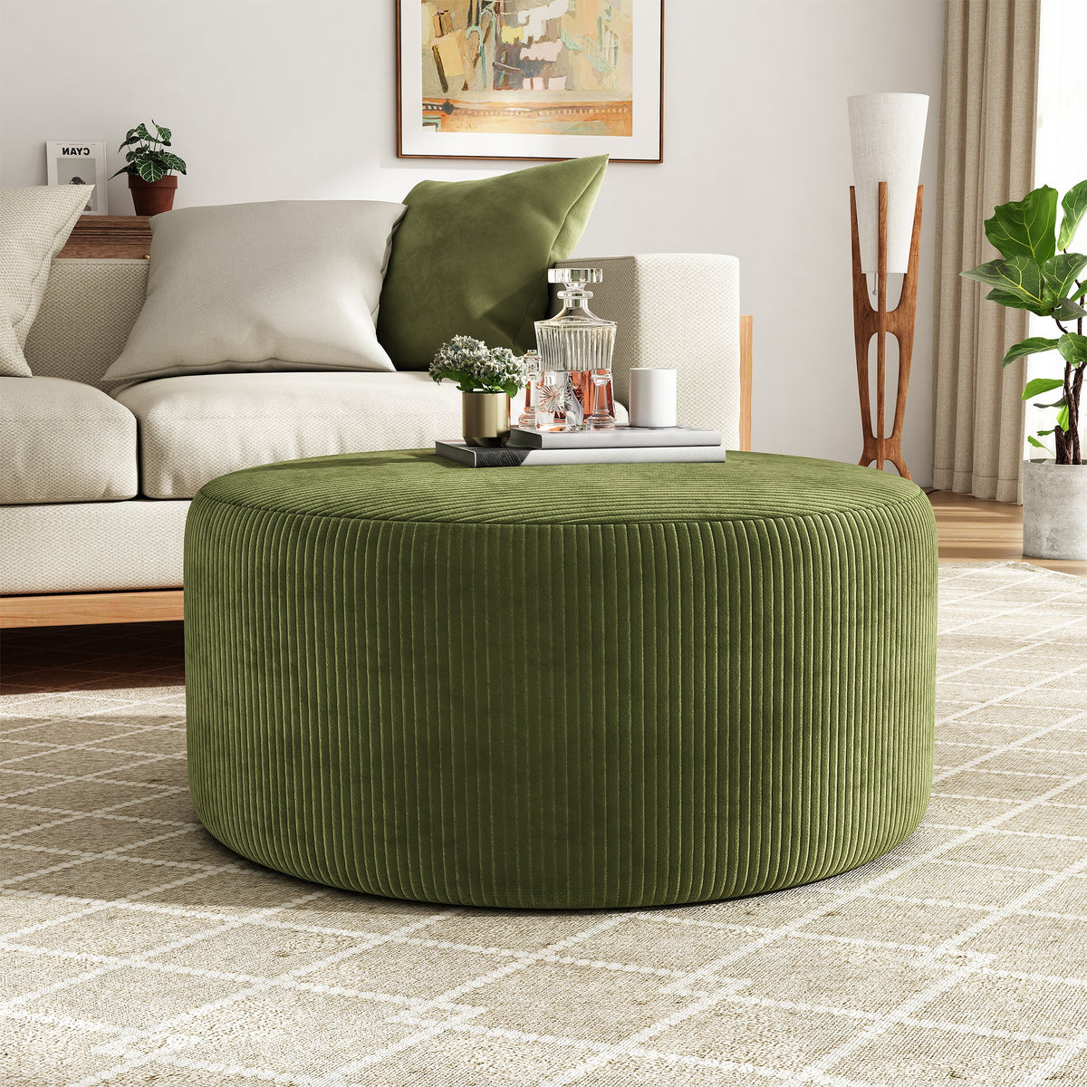 Upholstered Round Ottoman, Olive Green, Corduroy