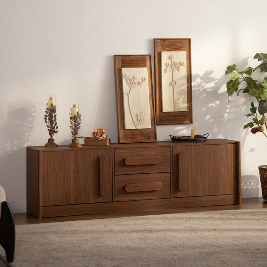 Walnut Brown MDF Buffet Sideboard Cabinet, 63 Inch 2 Doors 2 Drawers Storage Credenza with Silent Slide Drawers & Soft Close Doors, Mid Century Modern Accent Console Cabinet for Living Room Entryway