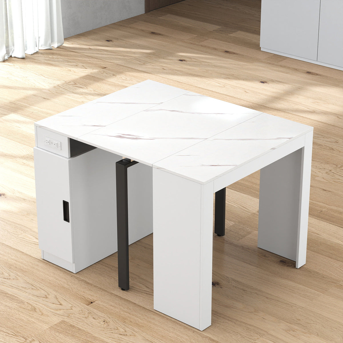 Modern Multifunctional Extendable Dining Table with Outlet, Space Saving Expanding Table with Storage for Party, Weddings, Meetings