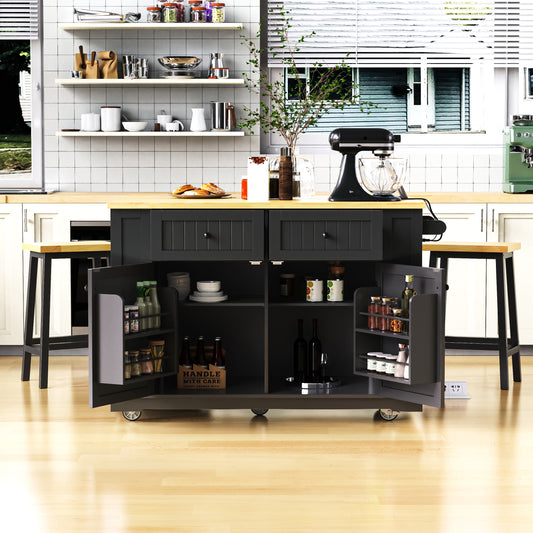 48inch Kitchen Island with 2 Bar Stools, Power Outlet, Internal Storage Rack, Kitchen Storage Cart on 5 Wheels with Drop Leaf, 5 Open Side Racks, Drawers, Black (Old SKU N707S000015B)(Three Packages)
