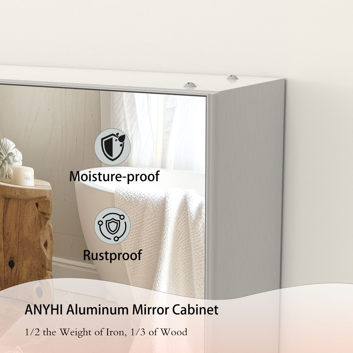 48X30 Medical Cabinet with Mirror, suitable for bathroom, wall-mounted bathroom mirror, with storage function, adjustable shelves, aluminum frame, surface-mounted, silver