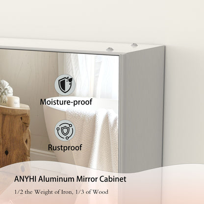 48X30 Medical Cabinet with Mirror, suitable for bathroom, wall-mounted bathroom mirror, with storage function, adjustable shelves, aluminum frame, surface-mounted, silver