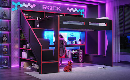 Queen Size Gaming Loft Bed with Storage Stair & Open Headboard Shelves, LED Light & USB Charging Desk, Elevated Loft Bed Frame with House-Shaped Cutout Design for Gamers,Black&Red