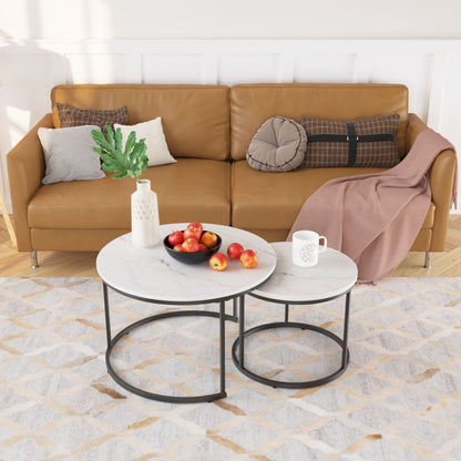 Nesting Coffee Table Set of 2, 27.6inch Round Coffee Table Wood Marble Pattern Top with Sturdy Metal Frame - White