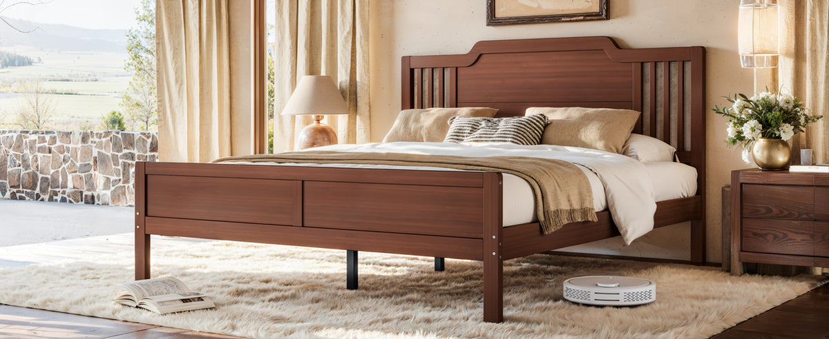 Queen Size Platform Bed with Tall Headboard, Solid Bamboo-made Bed Frame with Support Slats, Queen Bed Frame for Bedroom, Guest Rooms, Warm Brown