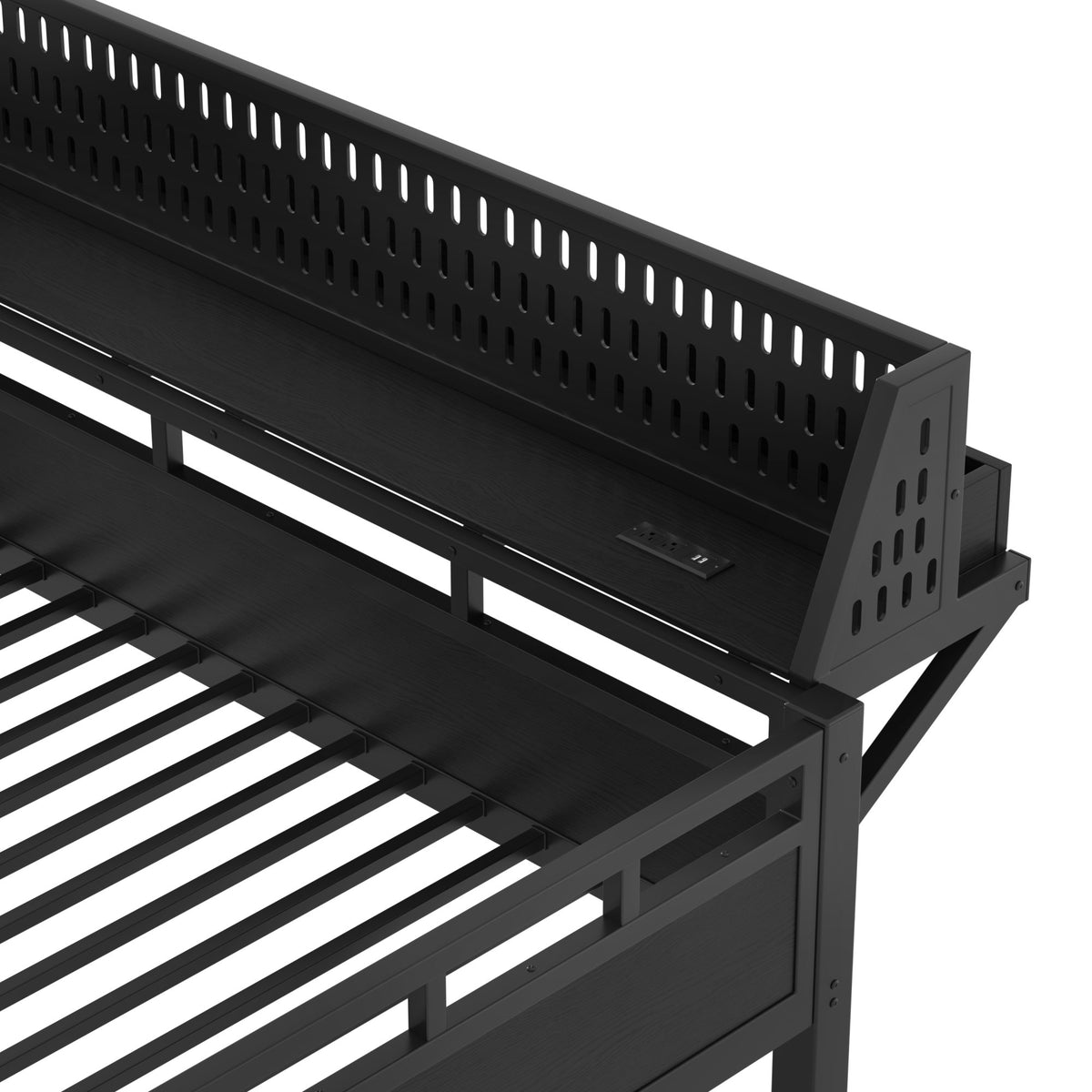 Queen over Queen Size Metal Bunk Bed with Storage Shelves and Pegboard, Bunk Bed Frame with USB Ports and LED Lights, Space-Saving, for Teens and Adults, Black