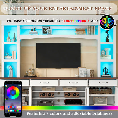 94.3' Extra Long Farmhouse TV Stand with 7-Color LED Lights, Adjustable Shelves & Storage Cabinets, Modern Entertainment Center Media Console for 65 Inch TVs for Living Room