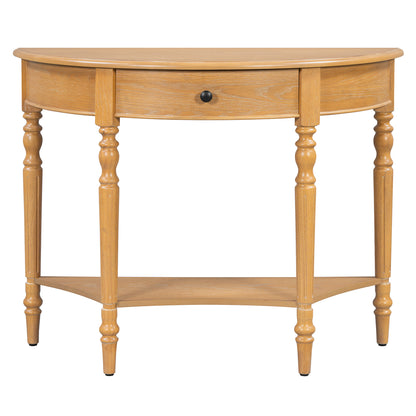 TREXM Farmhouse Half Moon Console Table with Drawer & Shelf - Rustic Accent Table, Sofa Table, Hallway and Foyer (Natural)