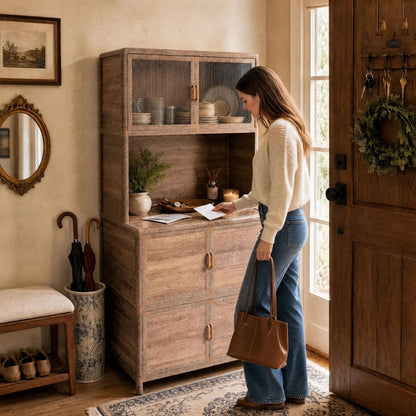 Tall Storage Cabinet, 31.50" W x 19.69" D x 65.75" H, Freestanding Indoor & Outdoor Storage Cabinet with Ribbed Acrylic Doors, 6-Door Utility Cabinet for Kitchen, Entryway, Patio & Garage