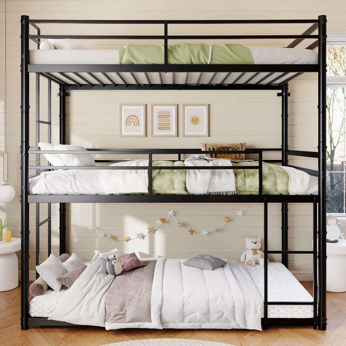 Metal Triple Bunk Bed Twin over Twin over Twin, Heavy Duty 3-in-1 Convertible Metal Bunk Bed Frame with Ladders, Guardrails & Anti-Tip Kit, Space-Saving Bed for Kids, Teens, Adults, No Box Spring Need