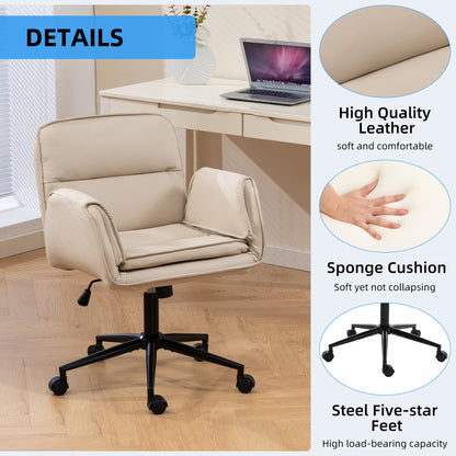 Criss Cross Chair with 5-Gear Adjustable Armrests & Wheels, Ergonomic Thickened Backrest Swivel Desk Chair for Home Office, Vanity, Bedroom and Living Room, Beige Pu