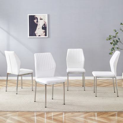Luxury Simple Chair - Set of 4 White PU Material High Resilience Dining Chair with Metal Silver Leg.The Chair Back Has a Vertical Stripe Design With Smooth And Uniform Lines.