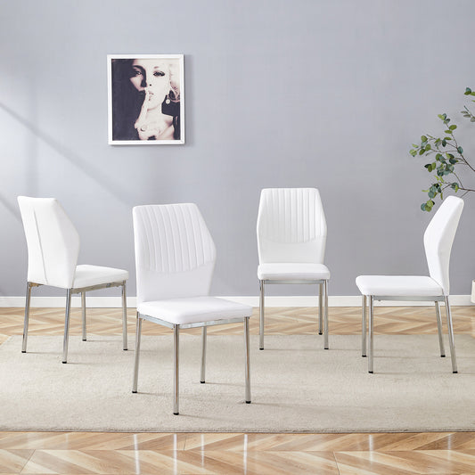 Luxury Simple Chair - Set of 4 White PU Material High Resilience Dining Chair with Metal Silver Leg.The Chair Back Has a Vertical Stripe Design With Smooth And Uniform Lines.