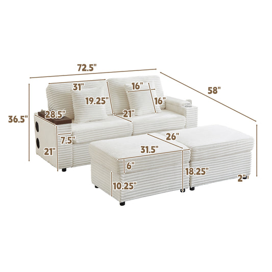 Double Chaise Lounge with Two Storage Ottomans,Corduroy Sofa with Cup Holders, USB Port,Storage Space and Bluetooth Speaker for Living room and Bedroom