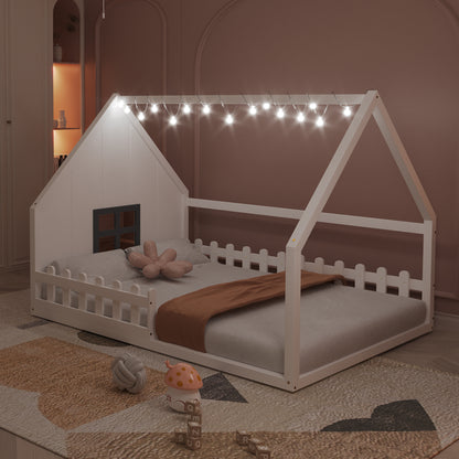 Full Size Wood House Bed with Window and Fence, White (Old SKU: WF304147AAK)