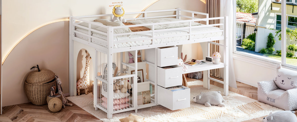 Twin Metal Low Loft Bed for Kids, Low Loft Bed with Storage Drawer, Low Loft Bed with Bookshelf & Built-in Desk, Sturdy Low Loft Bed Frame, Multi-Function Low Loft Bed for Kids.White