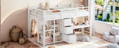 Twin Metal Low Loft Bed for Kids, Low Loft Bed with Storage Drawer, Low Loft Bed with Bookshelf & Built-in Desk, Sturdy Low Loft Bed Frame, Multi-Function Low Loft Bed for Kids.White