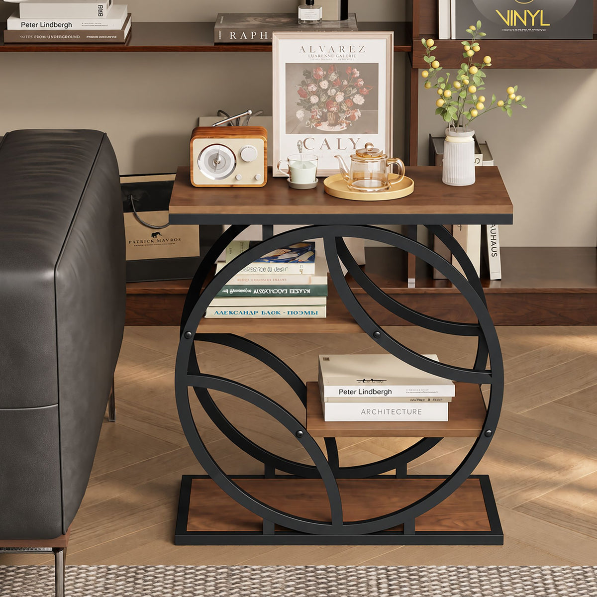 4-Tier Side Table with Storage, 25.6" Narrow End Table, Industrial Plant Stand & Nightstand, Geometric Metal Frame Accent Table for Living Room, Bedroom & Small Spaces, ( Brown)