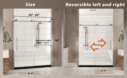 Frameless shower door 56-60 "W x 76" H, 1/4 "(6 mm) Clear Tempered Glass, Explosion Proof Film, Stainless Steel Handle,Brushed Nickel
