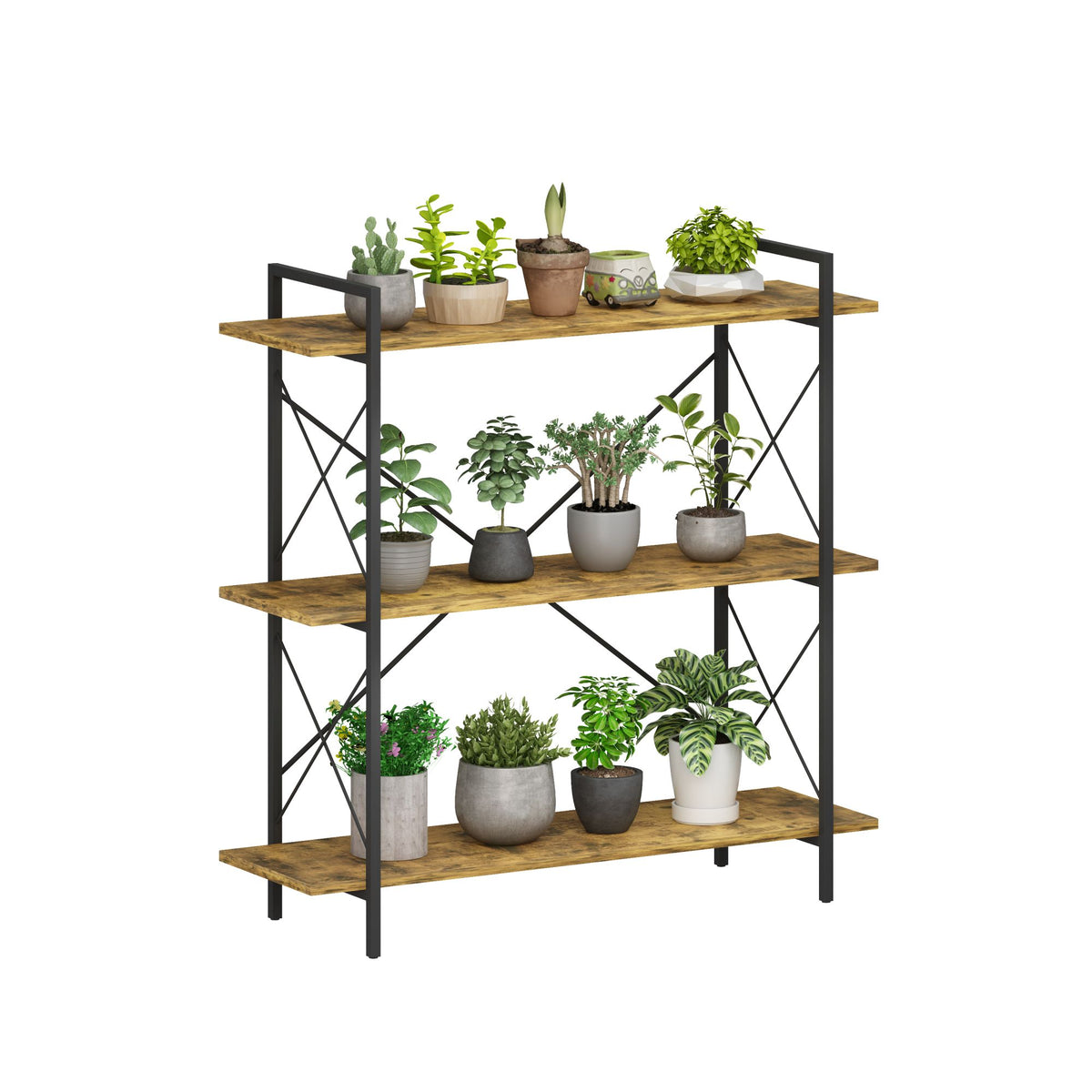 3-Tier Bookshelf, Horizontal Bookcase with Open Storage Shelves, Rustic Industrial Plant Stand, Wood & Metal Shelf for Living Room, Bedroom & Home Office (Rustic Brown)