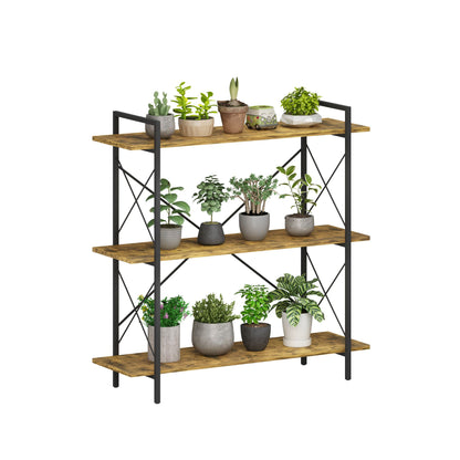 3-Tier Bookshelf, Horizontal Bookcase with Open Storage Shelves, Rustic Industrial Plant Stand, Wood & Metal Shelf for Living Room, Bedroom & Home Office (Rustic Brown)