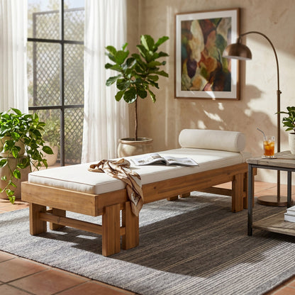 Teak Finish Acacia Wood Daybed with Cream Cushion & Pillow, 600 lbs Weight Capacity, Indoor/Outdoor Use, Washable Cushion Cover, Modern Low-Profile Design for Patio Living Room