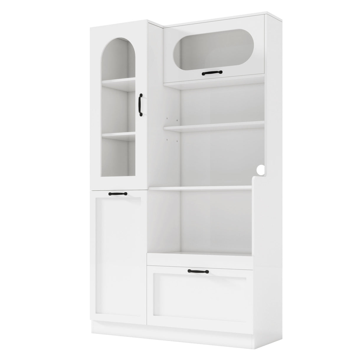TREXM Tall Freestanding Kitchen Pantry Cabinet with Arched Glass Door, Flip-Up Cabinet Door, Pull-Out Shelves & Drawer, Adjustable Shelves, Storage Cupboard for Kitchen Dining Room (White)