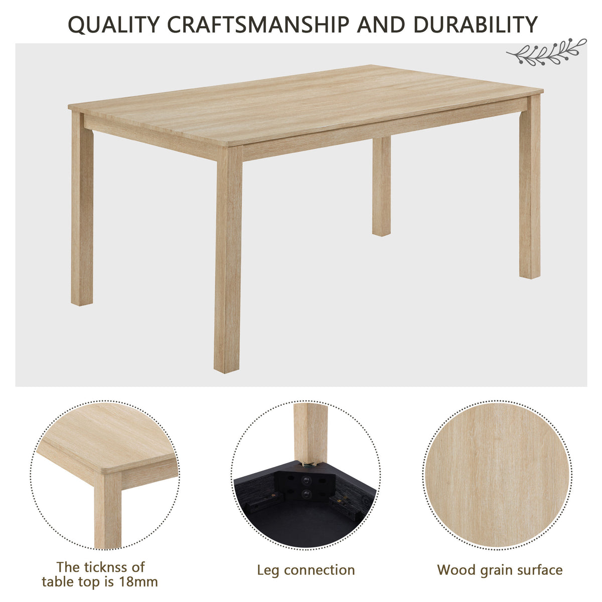 6 Piece Dining Table Set with Bench, Wooden Rectangular Kitchen Table Set with Bench and 4 Upholstered Chairs, Light Oak & Beige