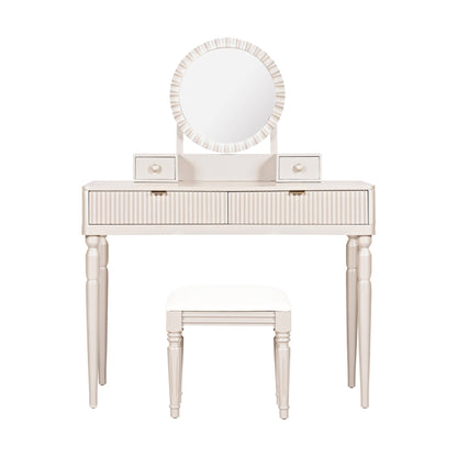 Luxury Vanity Desk with Round Mirror,Height-Adjustable, Stylish Dressing Table Set, 4 Drawers & Stool, Champagne