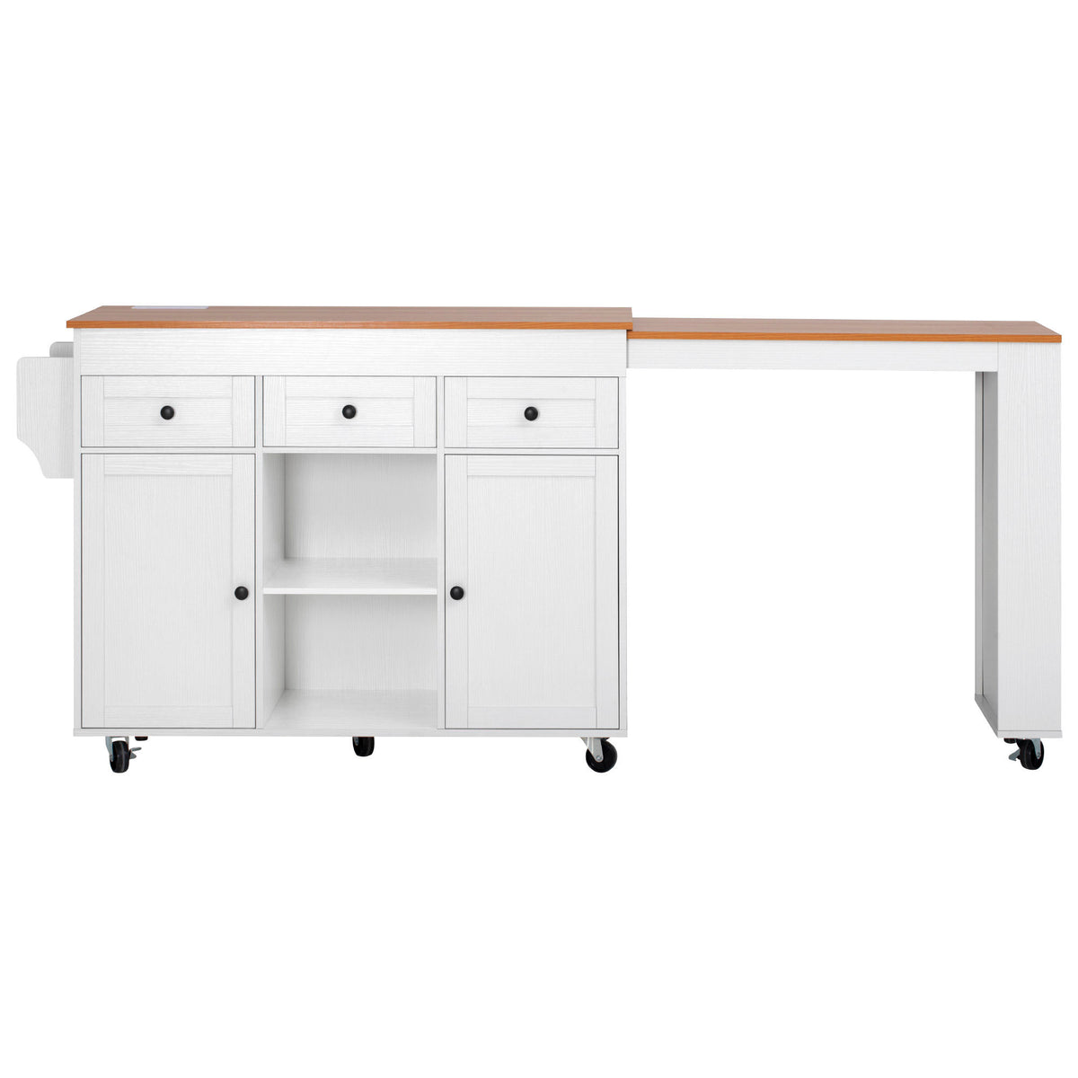 K&K 85.5" Kitchen Island with Extendable Dining Table, Kitchen Storage Table with 3 Side Open Shelves – White