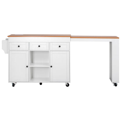 K&K 85.5" Kitchen Island with Extendable Dining Table, Kitchen Storage Table with 3 Side Open Shelves – White