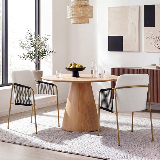 Modern Glam Upholstered Dining Chairs (Set of 2) ,Gold Metal Frame with Black Woven Armrests, Beige Fabric Seat