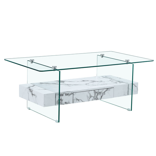 Modern Two-Tier Coffee Table with Clear Tempered Glass and White Marble Texture, Multifunctional Storage Design, 43.3 Inch