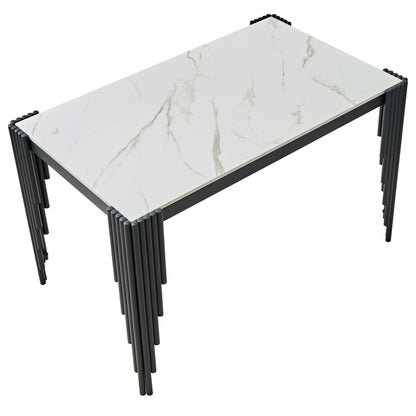 Modern 49" Rectangular Dining Table, White Marble-Look MDF Top with Black Metal Legs, Space-Saving Kitchen Desk for Small Apartments, Easy Assembly