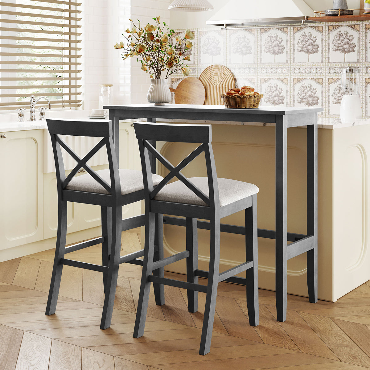 TOPMAX Farmhouse 48'Rectangular Wood Bar Height Dining Set Kitchen Breakfast Nook with 2 Chairs for Small Places, Gray+Beige